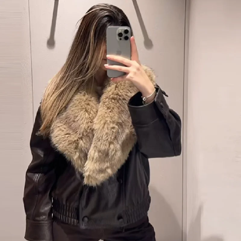 2025 femmes mode fausse fourrure veste en cuir lâche coton rembourré manteau court couleur unie à manches longues veste chaude nouvelle dame vêtements d'extérieur