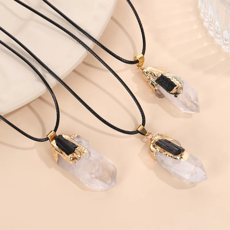 

5 шт., оптовая продажа, необработанный натуральный камень, белый кристалл, кулон, ожерелье для мужчин и женщин, позолоченный черный турмалин, кулон, палочка, ювелирные изделия