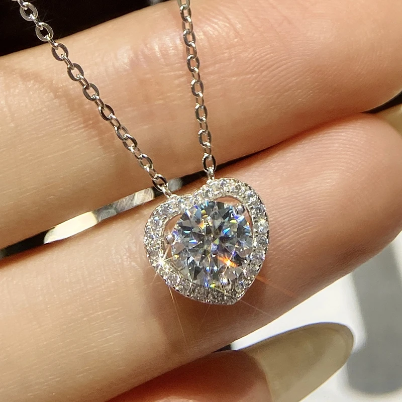 

KNB 1Ct Love Heart Moissanite Diamond Gemstone Pendant Necklace for Women Real 925 Sterling Silver Engagement Fine Jewelry Gifts