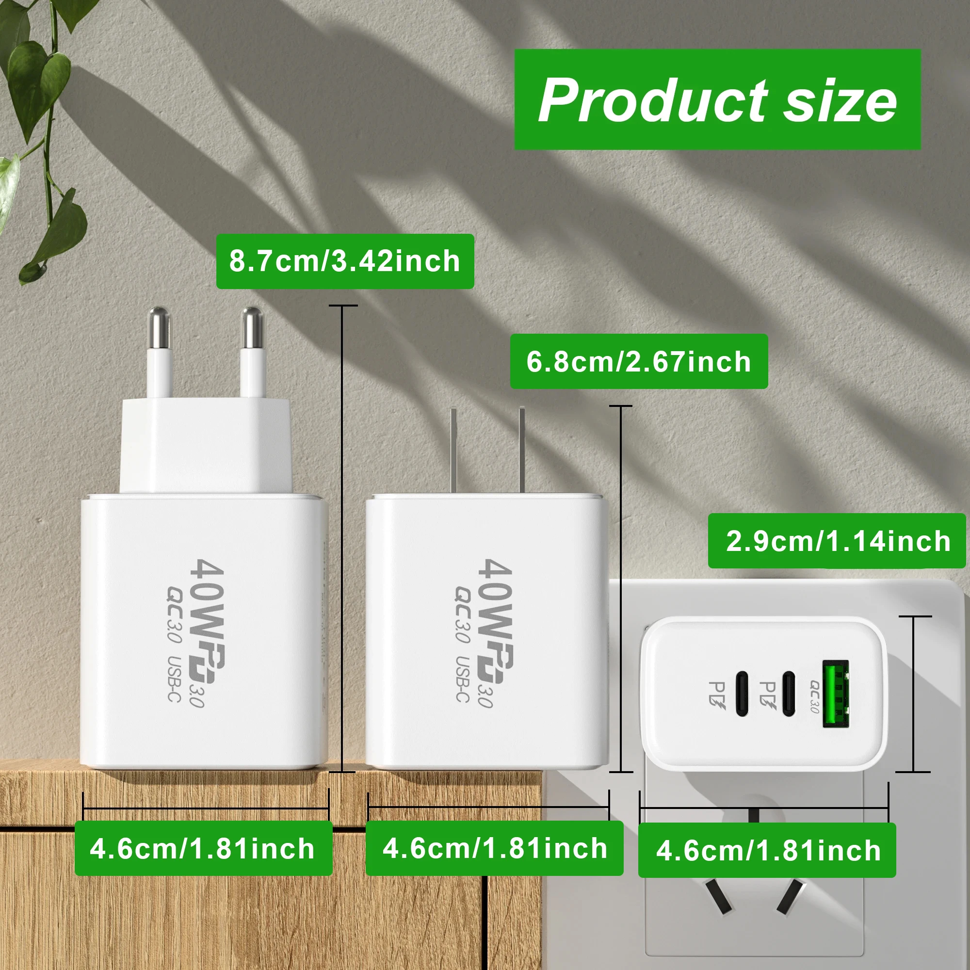 PD 60W Szybka ładowarka USB 3-portowa ładowarka ścienna z wtyczką EU/US do iPhone'a 14 13 Xiaomi Huawei Samsung Ładowarka USB C do telefonu