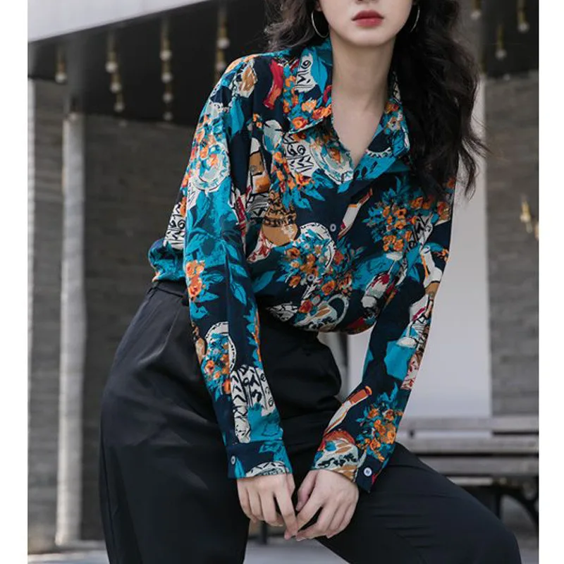 Y2K Harajuku Vintage Print Chic Streetwear Casual Loose Button Up Shirt 2023 Spring Autumn Fashion Long Sleeve Top Blouse Blusas