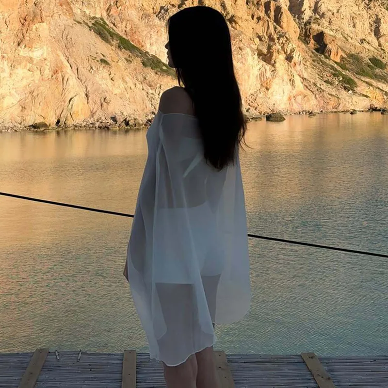DSMTRC moda verano gasa ropa de playa transparente manga de murciélago sólido suelto cubrir vestido para mujeres media manga Mini vestidos