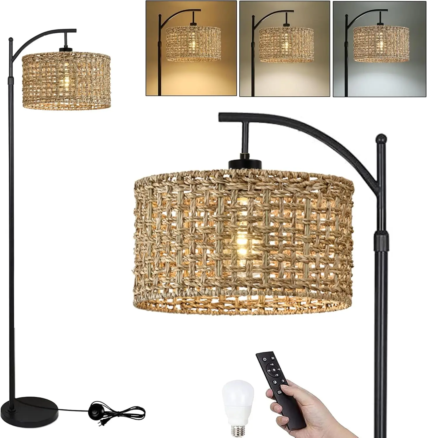 

Remote Control Arc Floor Lamp, 3 Color Temp, Dimmable, Rattan Shade, Adjustable Height 65-72.8in