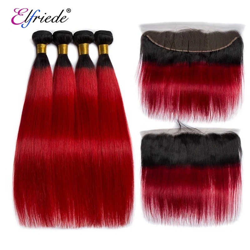 Elfriede Ombre Colored 1B/Red Straight Hair Bundles with Frontal Human Hair Weaves 3 Bundles with Transparent Lace Frontal 13x4