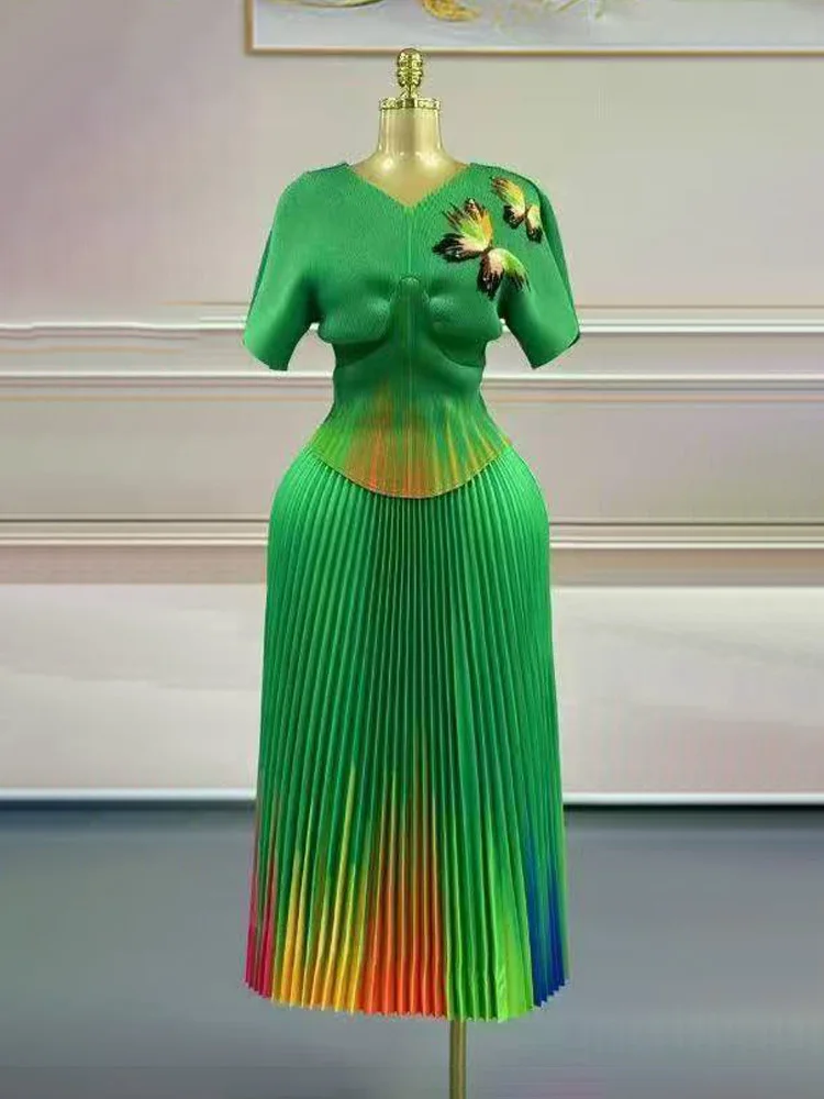 Egrm miyake solto design high-end conjuntos plissados temperamento impresso plissado cintura bat manga saia elegante conjunto de duas peças 7r2619