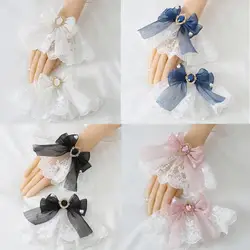 Japanese Lolita Hand Sleeve Wrist Cuffs Sweet Ruffled Lace Multicolor Bowknot Maid Cosplay Bracelet for Wedding Party