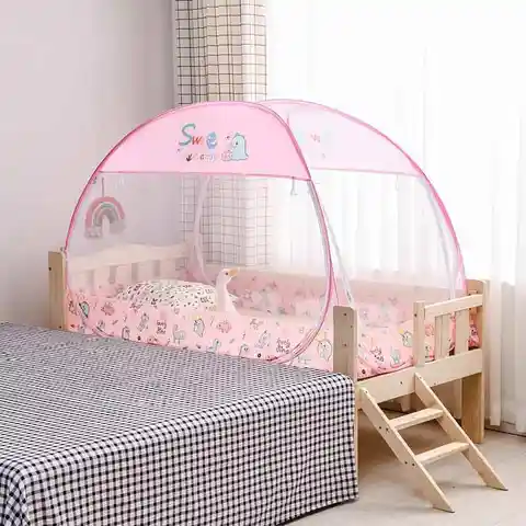 아기 모기장 전체 커버 휴대용 접이식 설치 없음 어린이 침대 몽골 텐트 만화 디자인 스테인레스 스틸 프레임