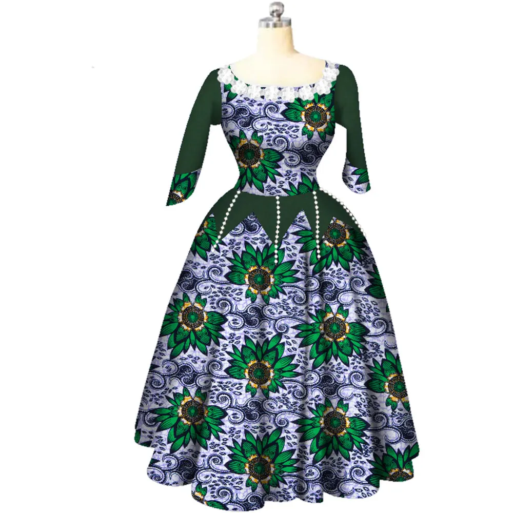 BintaRealWax sukienki afrykańskie dla kobiet Bazin Riche makrama kołnierz długie sukienki pół rękawa rękaw odzież afrykańska WY3707