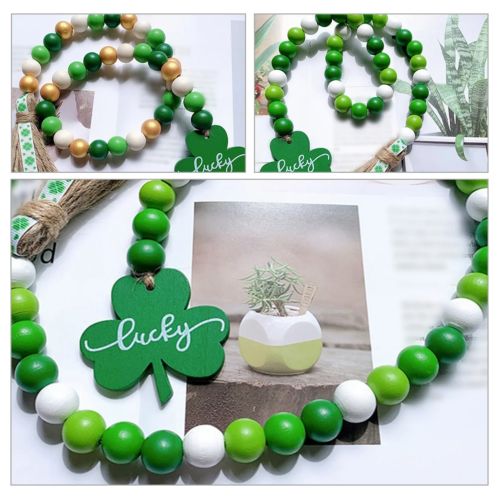 2 Pcs Garland Four Leaf Beads St Patrick's Day Wooden Patricks Tiered Tray Decorations Rope Beaded Hanging Tassel