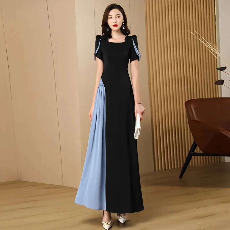 

2023 Dress Spring/Summer New Black Dress Women's High end Temperament Blue Spliced Waist Large Swing Long Dress