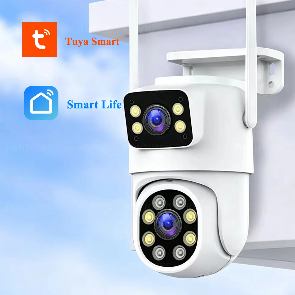 Tuya 4K 8MP Dual Lens Dual Screens Wifi IP Camera Outdoor Waterproof Auto Tracking Color Night Vision Surveillance Camera