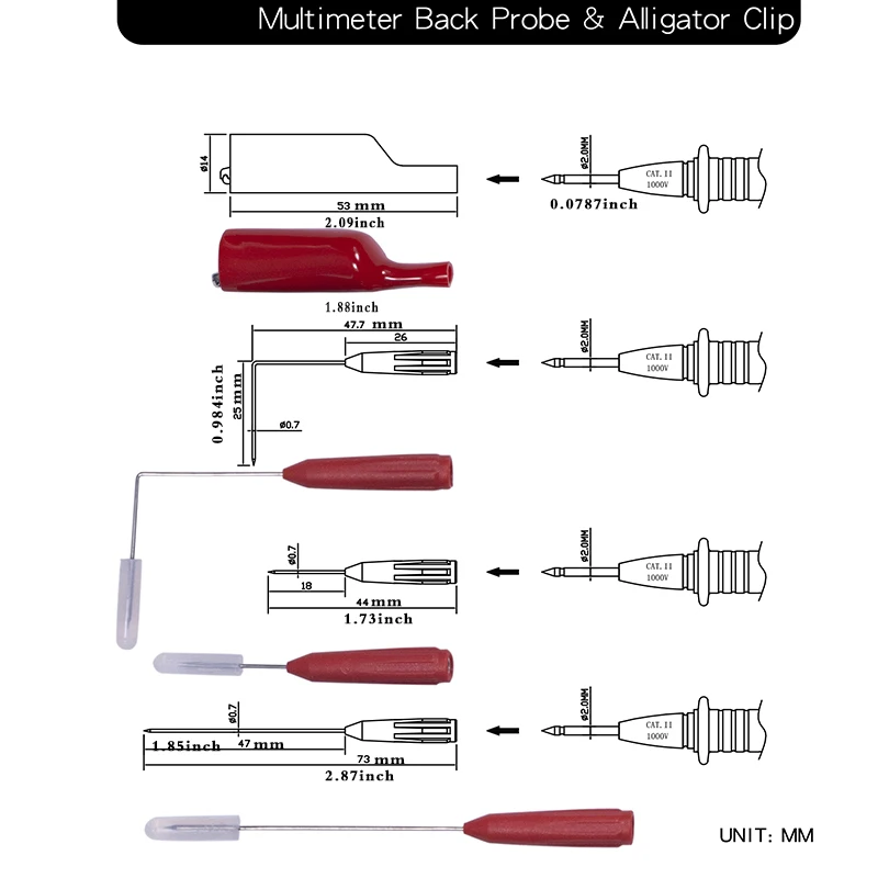 Peças de instrumento de sonda traseira, acessórios, multímetro de sonda de teste, interface de 2mm, muito diâmetro 0.7mm, testador fino de punção