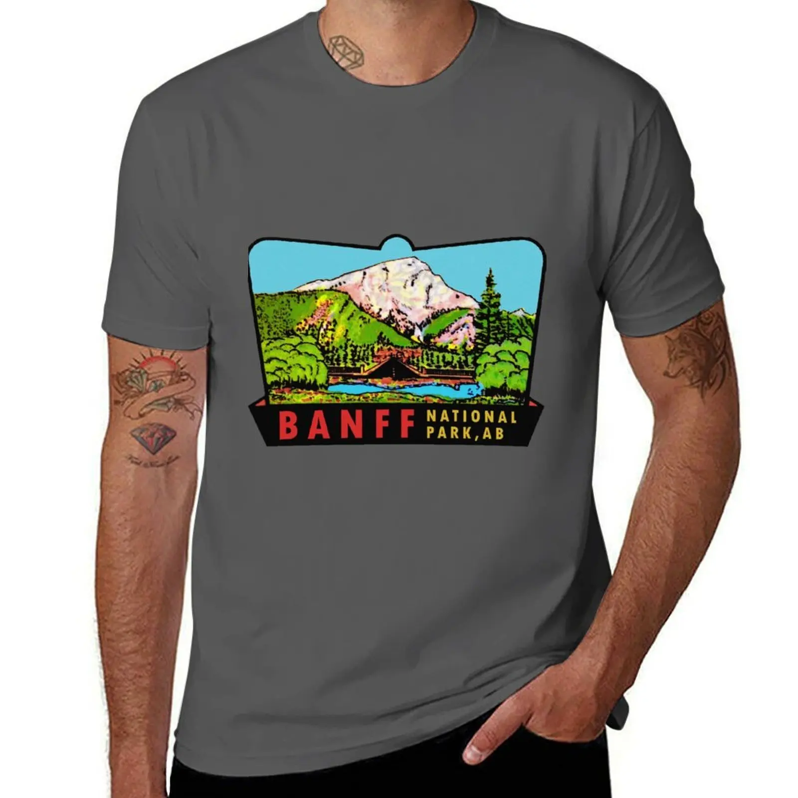 

Canada Vintage Park Alberta Banff National Travel Decal T-Shirt Soft Touch Basic Cotton T-Shirt