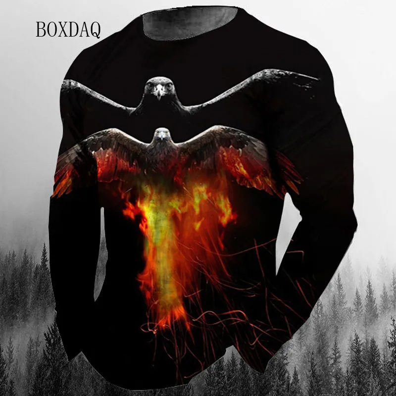 Fashion Eagle Pattern Men's T-shirt Long Sleeve Cotton 3D Animal Print Street Hip Hop Tops Loose Casual 6XL Plus Size Male Tees