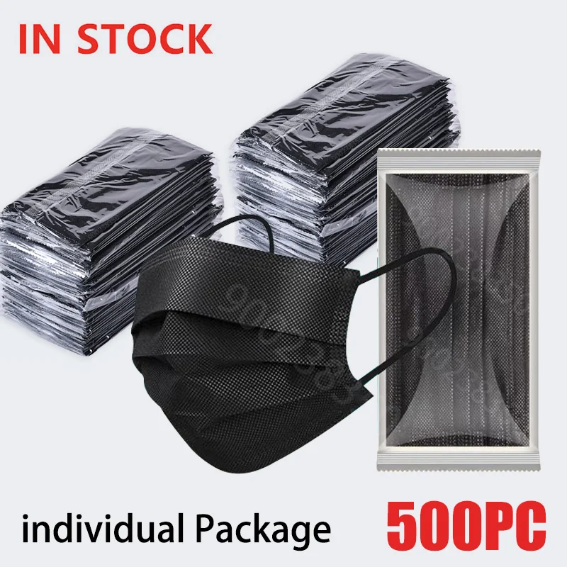 

10-500Pcs Adults Mask Disposable individual Separate Package masque noir Anti-dust 3 Layer Ply Filter Black Mouth Face mask