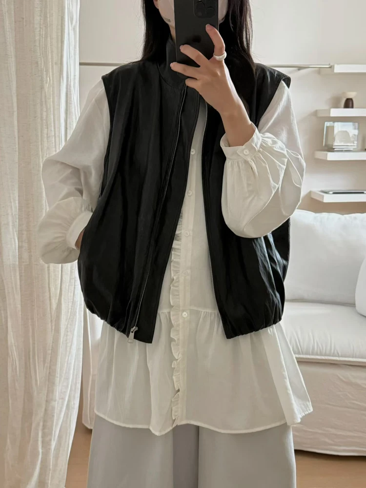 

Женский жилет из искусственной кожи в корейском стиле с воротником-стойкой, весна 2026, новинка, свободный крой, эффект похудения, с подплечниками