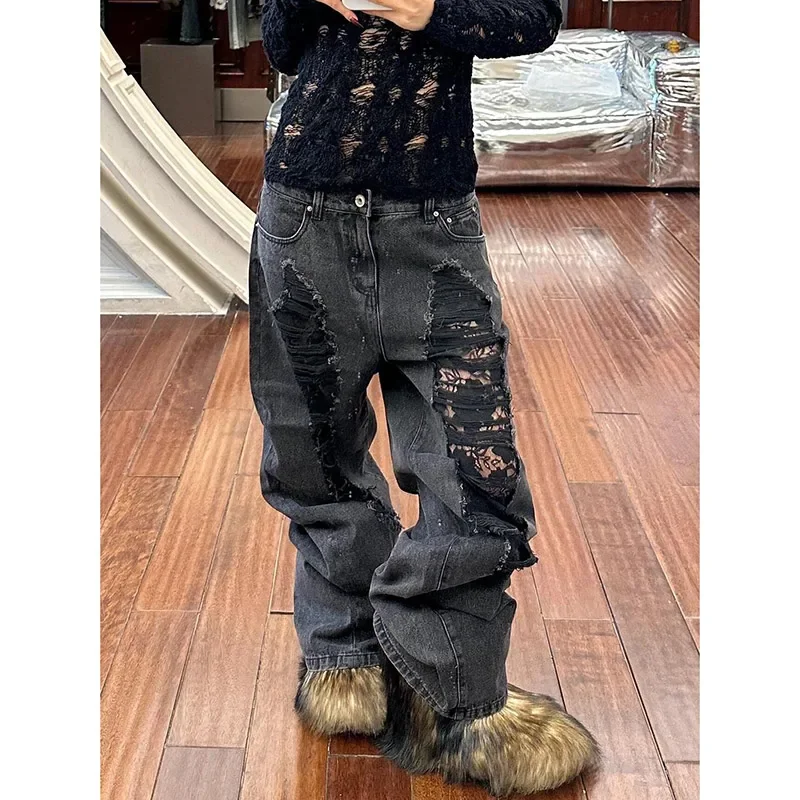 Jean noir sens design femmes Vintage taille haute pantalon en Denim droit américain Streetwear jambe large pantalon en Denim classique