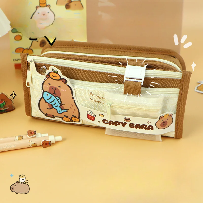 Capybara Pencil Case Featuring Dolls And Stickers | A School Supply Organizer Themed Around Capybaras with Multiple Compartments