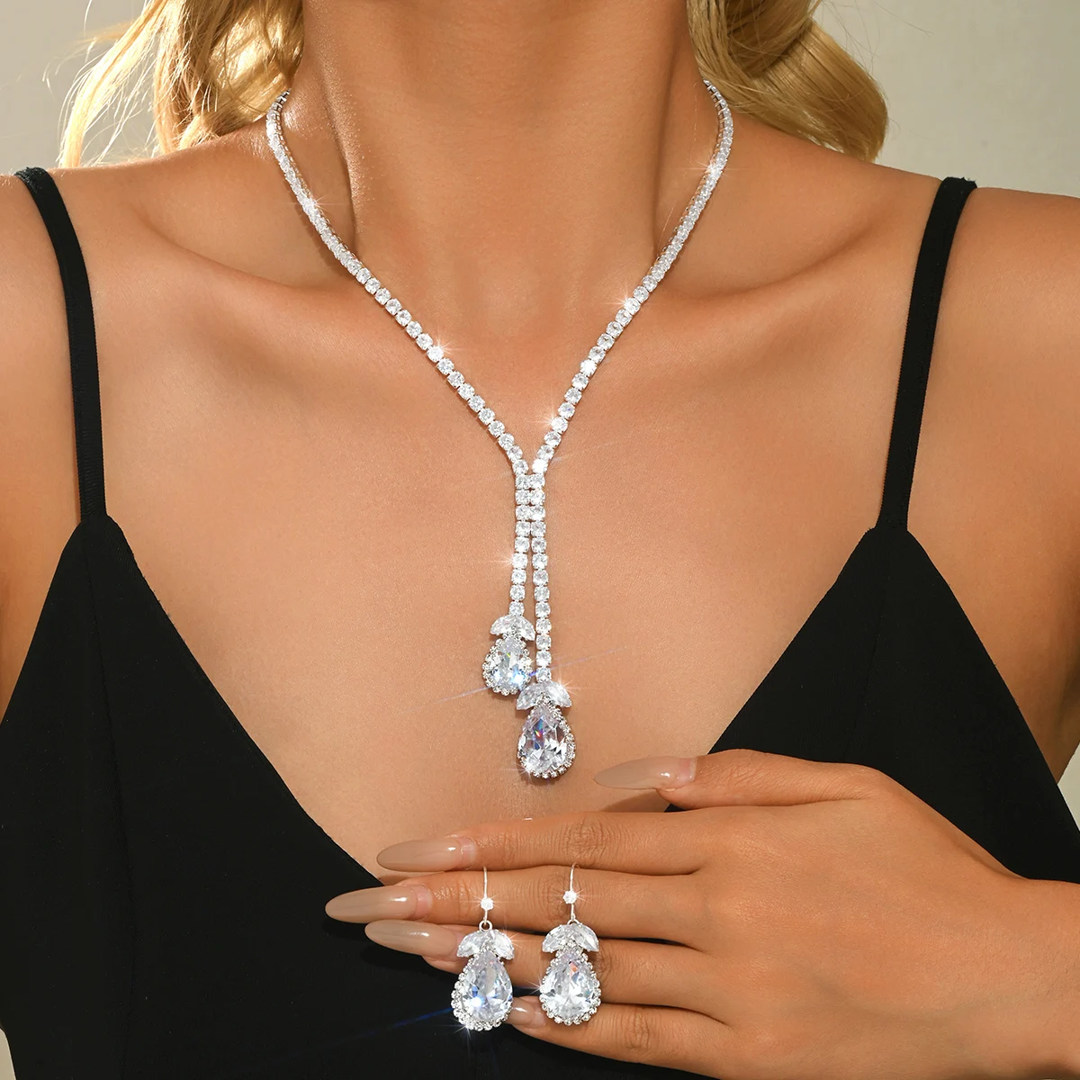 Colar e Brincos de Zircônia em Forma de Gota de Água, Acessórios de Moda Europeia e Americana para Vestidos de Banquete