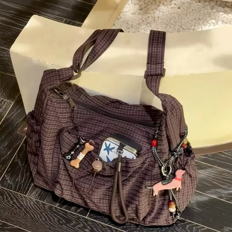 

Women Checkered Sling Bag Nylon Drawstring Crossbody Bag Large Capacity Pleated Cloud Shoulder Bag Date Tote Bag Commute Handbag
