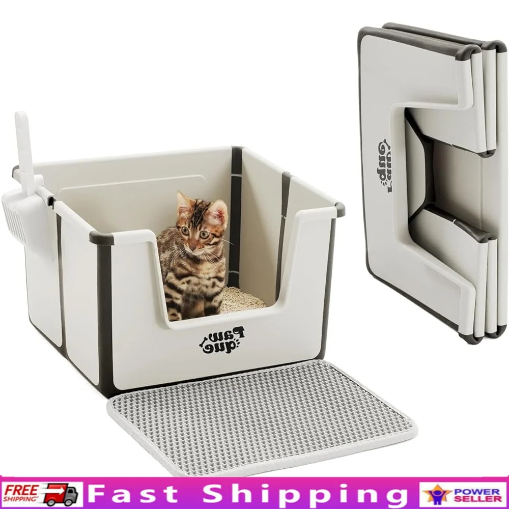 

Foldable Large Cat Litter Box High Sides Low Entry Open Top Portable Travel Pan with Litter Mat and Scoop Easy Clean