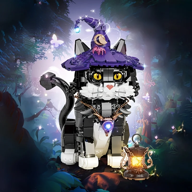 1128-teiliges Magic Cat-Baustein-Set, kreatives Tiermodell, bezauberndes Sammlerstück, mit lila Hexenhut und kleinem Laternenzubehör, Ausstellungsmodell für Fantasy-Enthusiasten, perfektes Geschenk für Männer und Frauen, die Katzen lieben