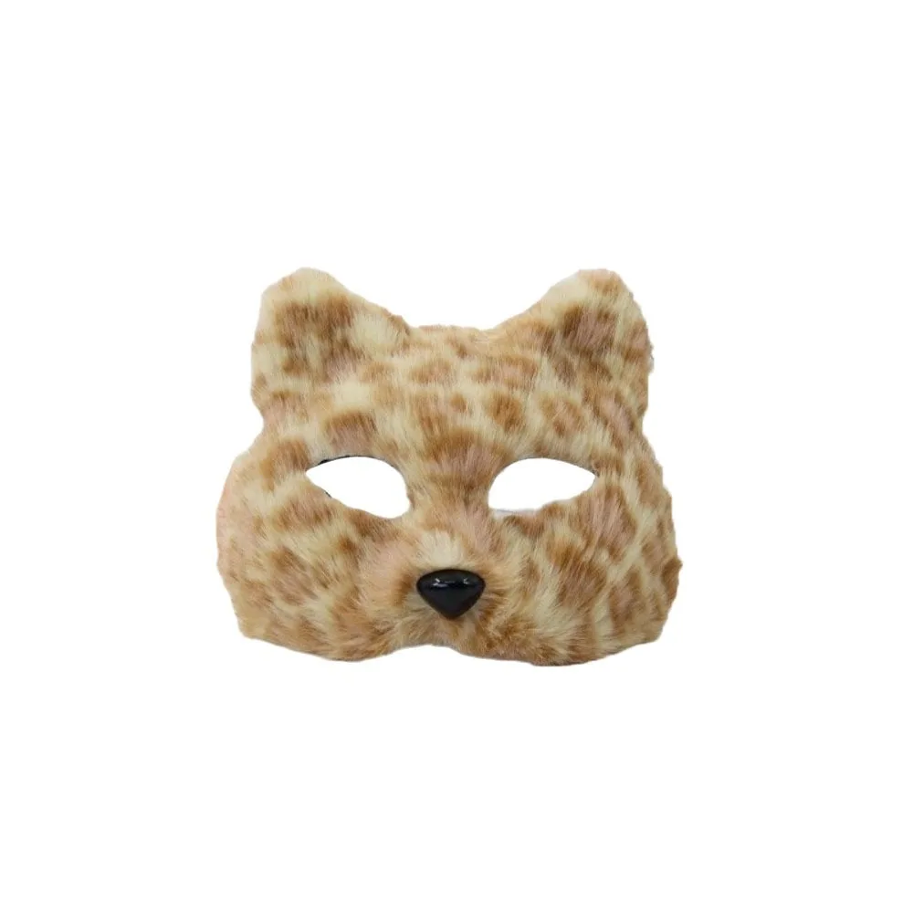 Simple Leopard Print Cat Plush Mask Realistic Animal Halloween Plush Mask Furry Cartoon Masquerade Mask Christmas