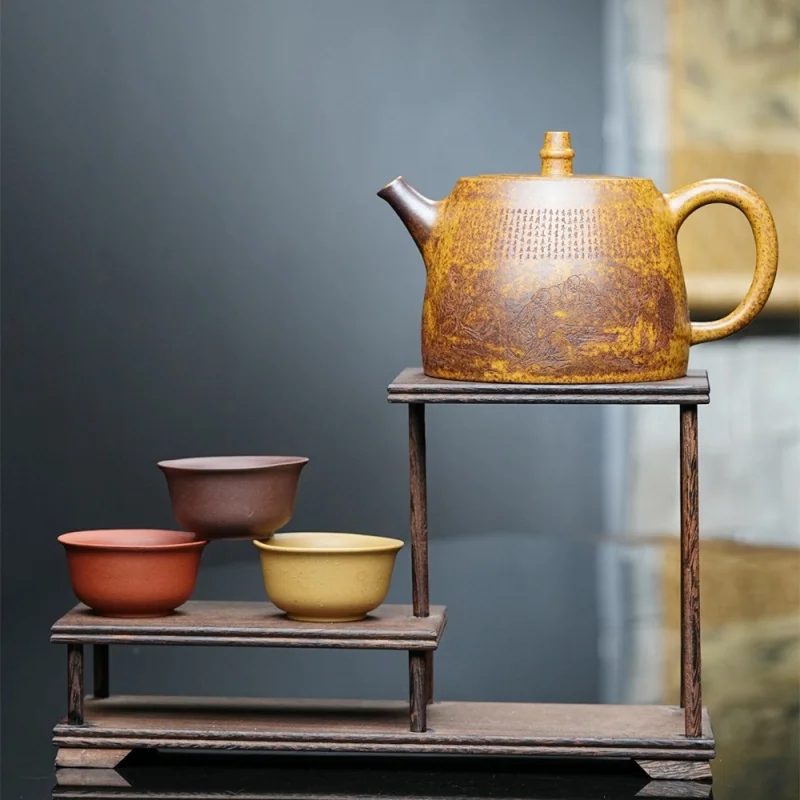 

400ml Yixing Purple Clay Teapots Handmade Engraving Handuo Pot Raw Ore Section Mud Kettle Zisha Tea Set Ornaments