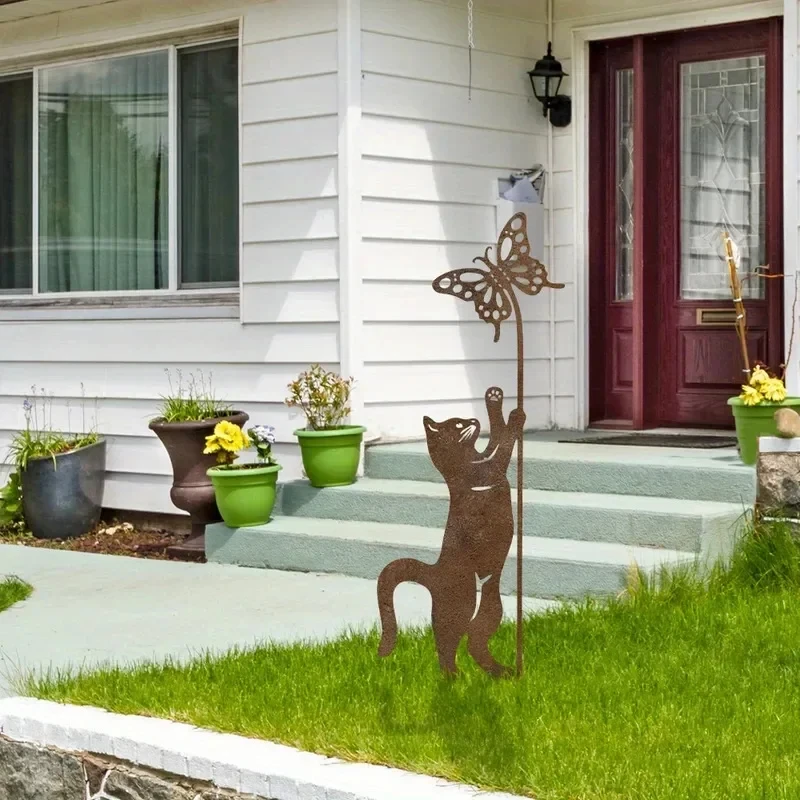 Rusty Metal Cat Garden Sign a Fun Outdoor Lawn Art Piece with Cute Cat and Butterfly Designs, Perfect for Cat Lovers