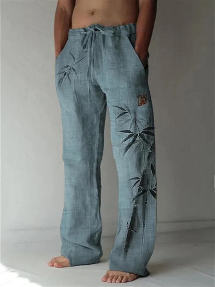 Simple Bamboo Pants Men's Autumn Japanese Art Casual Long Trouser Elastic Waist Holiday Retro Man Clothings Bottoms