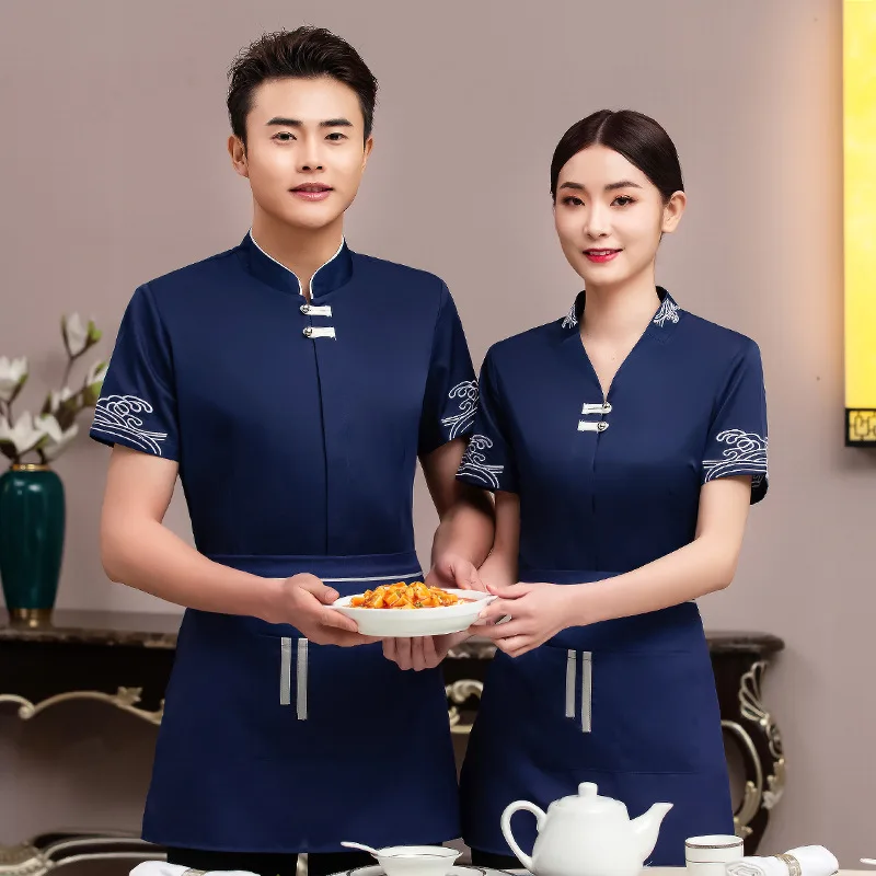 Hotel Waiter Workwear Short Sleeve Chinese Style and Tea House Clothing Catering Hot Pot Restaurant Male a