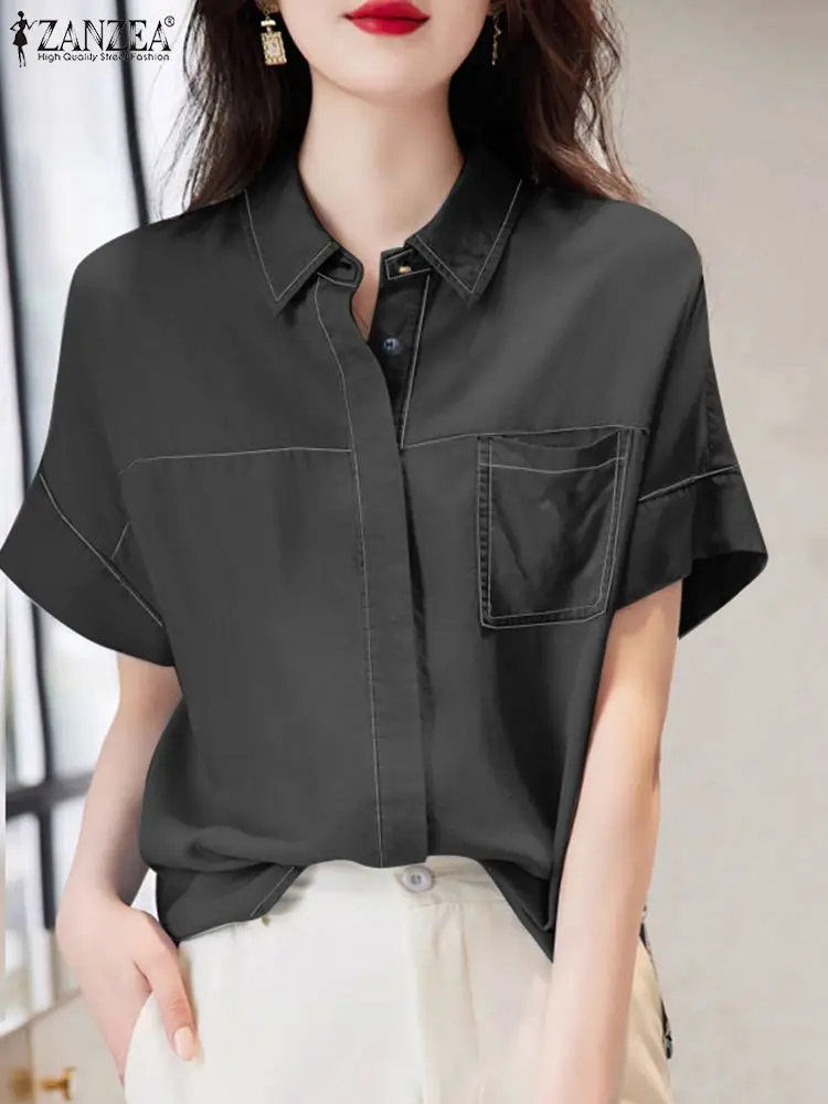 ZANZEA-Camisa de manga corta con cuello vuelto para mujer, blusa holgada informal de Color liso, moda coreana, verano, 2024