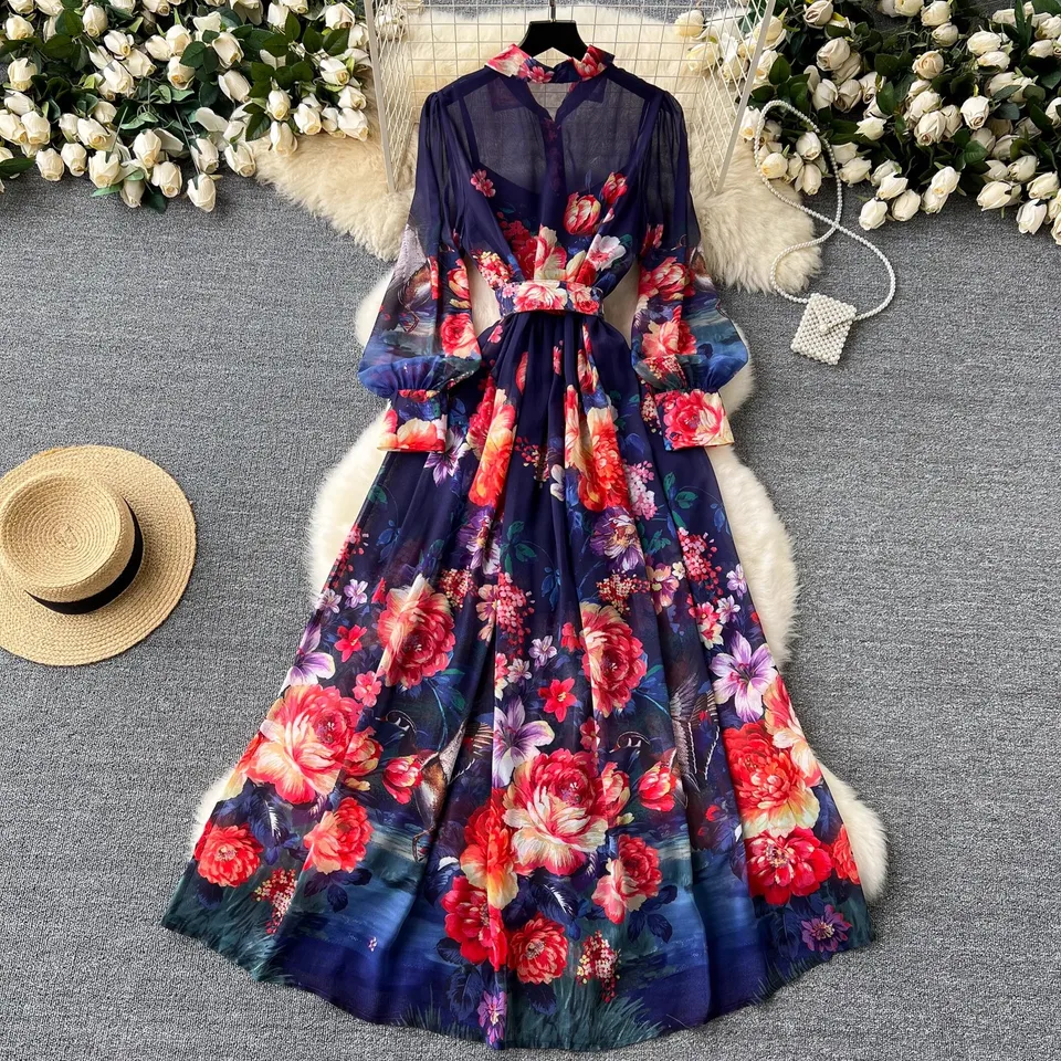 Gorgeous Flower Flowy Chiffon Dress Women's Turn Down Neck Long Sleeve  Single Breasted Floral Print Belt Long Robe Vestidos 2062 - AliExpress  200000345