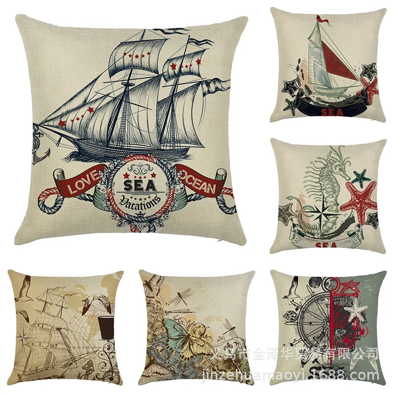 

Sailboat Ocean Linen Pillowcase Marine Life Throw Pillow Cover Double Bed Cushions Sofa Room Aesthetics Home Decor 45x45 40x40