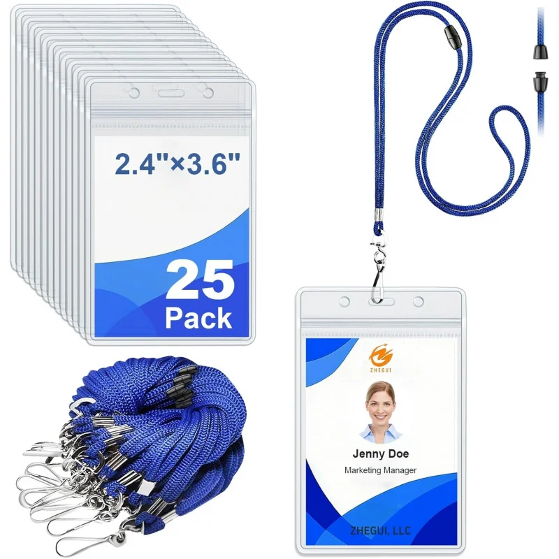 Breakaway Lanyards for ID Badges 25 Pack Blue with Vertical ID Holder, Clear Waterproof Plastic ID Badge Holder with Lanyard,