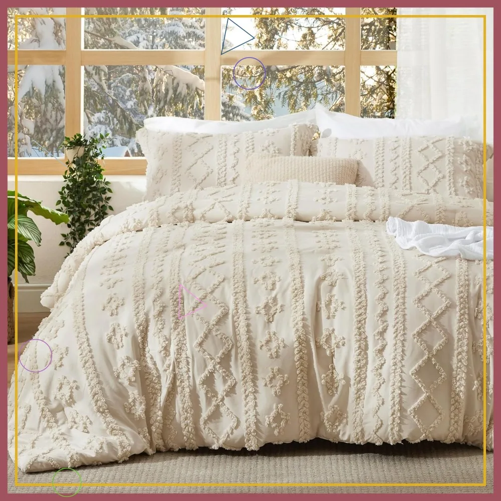 

Комплект постельного белья Queen Size в стиле бохо, бежевый, 3 предмета, с вышивкой в стиле фермерского дома и шебби-шик, мягкий жаккард, для всех сезонов