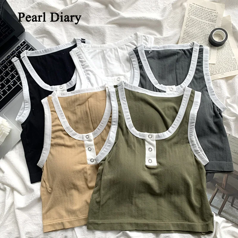 

Pearl Diary Women New Fashion Sexy Summer Vest Chest Hollow Buttoned Top Blouse Slim Sleeveless Round Neck Tops Ladies Clothing