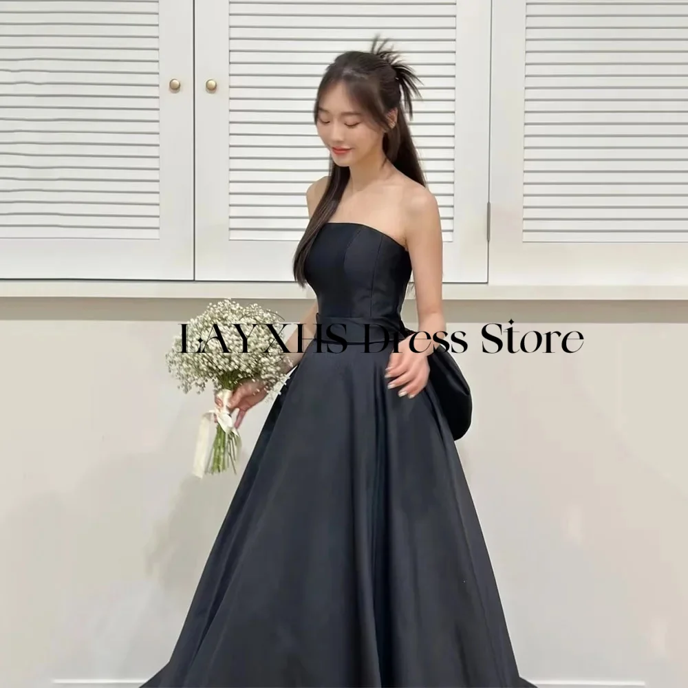 Elegant Black Satin A line Long Evening Dresses with Bow Strapless Korea Wedding Photo Shoot Party Dress Corset Customized 2026