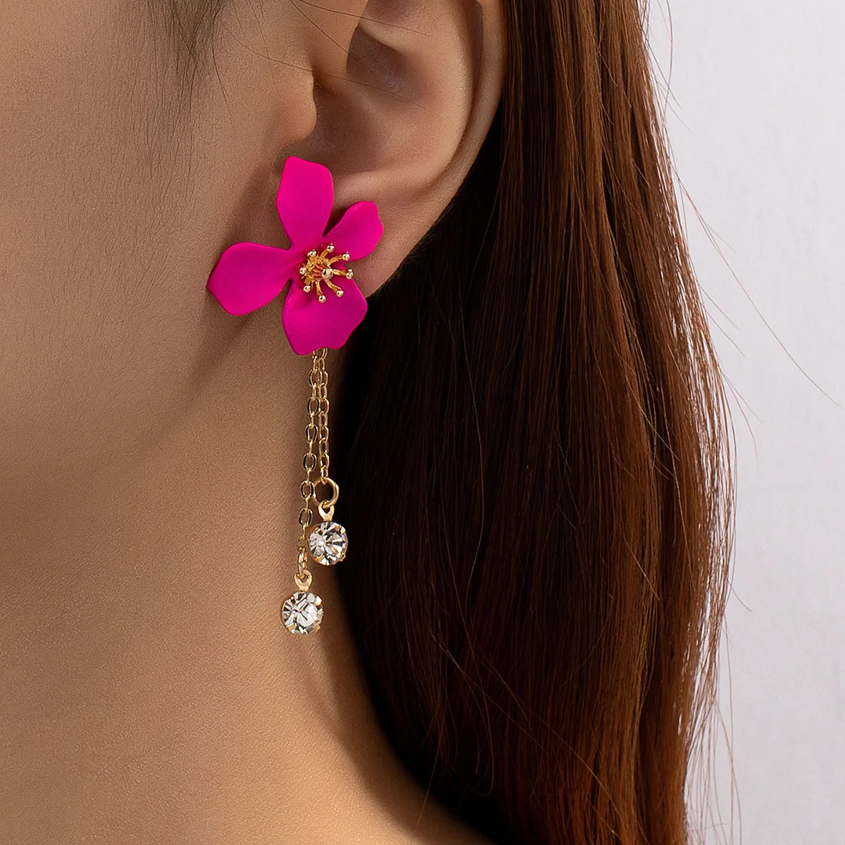 Fashion Big Flower Drop Earrings for Women Wedding New Trendy Long Fushsia Double Layer Enamel Floral Crystal Stud Earring