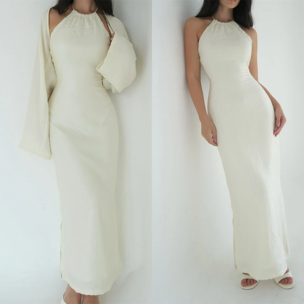 

Customized Elegant Graceful White Jersey Evening Dress High Quality Crew Neck Sleeveless Shawl Homecoming Dress Soft Prom Dress