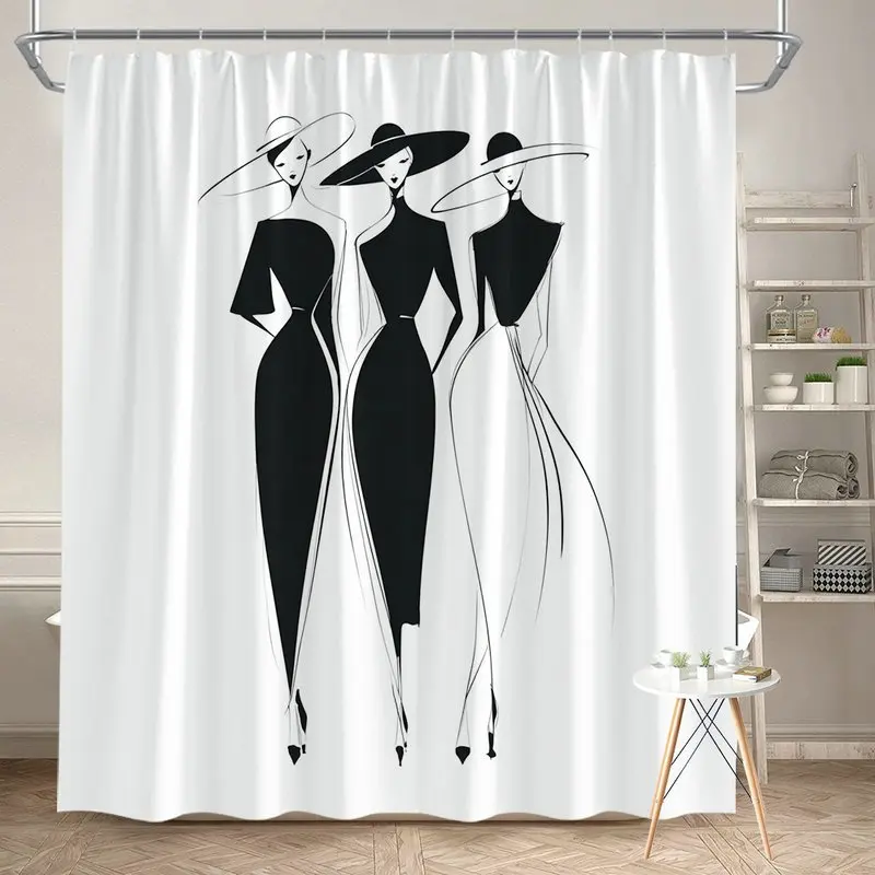 Fashion Girls Shower Curtain, Black White Sketch Lady Waterproof Bath Curtain, Elegant Bathroom Decor for Women