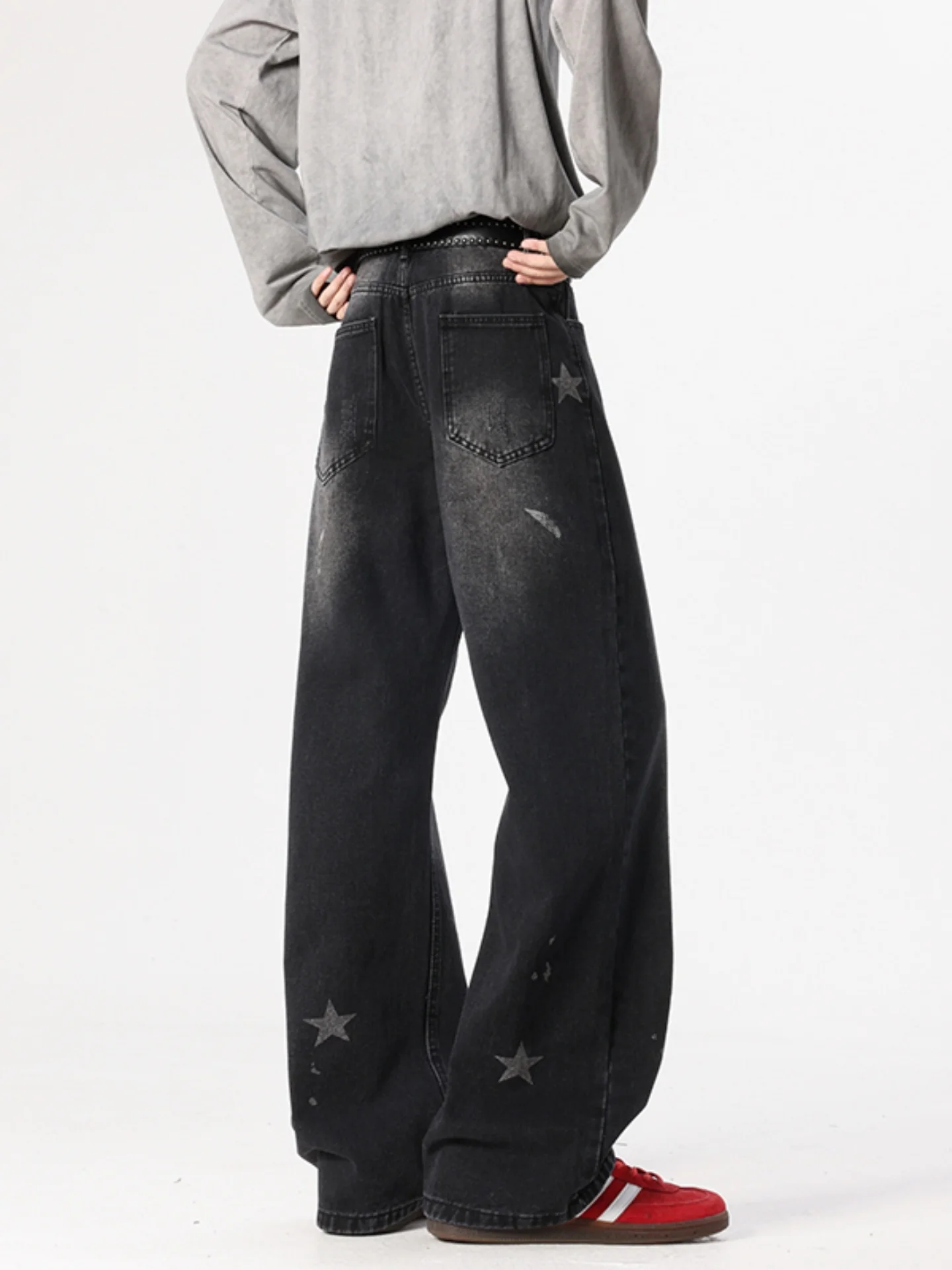 

Джинсы свободного кроя с эффектом потертости и звездным принтом, мужские американские джинсы-брюки, повседневная одежда, осенние брюки в стиле High Street