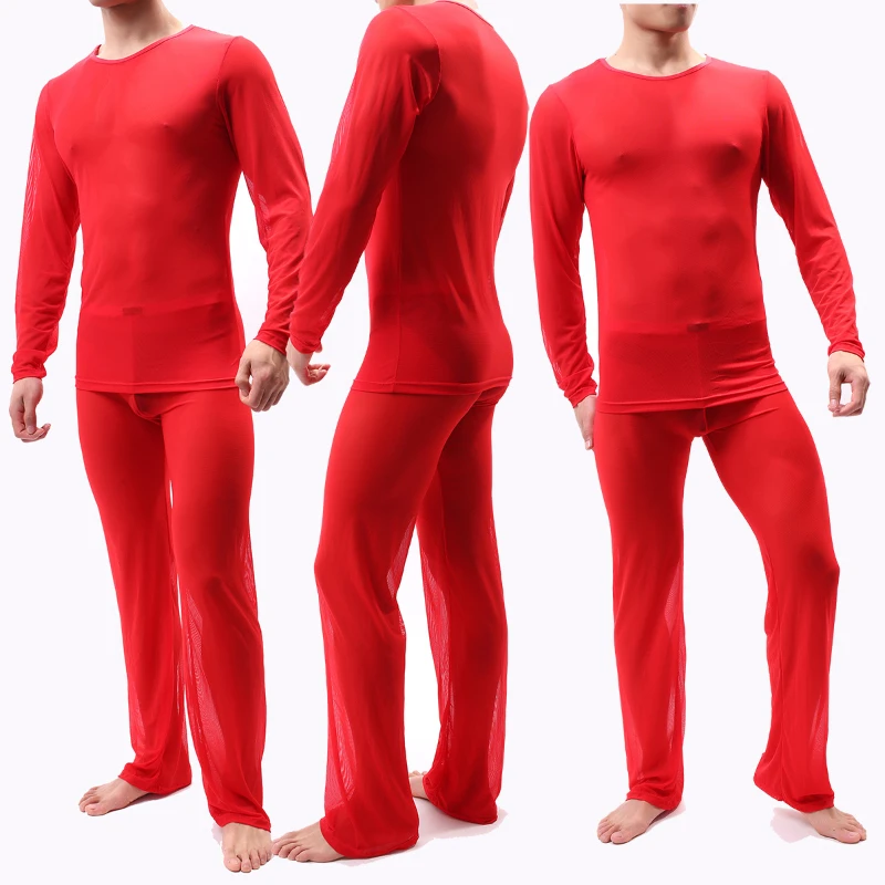 Terno de pijama sexy masculino, tops e calças em perspectiva, calças de manga comprida com alta elasticidade para boate, calças de gaze, roupas de