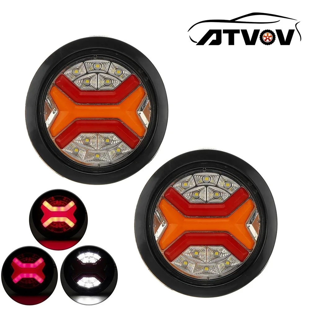 ATVOV 12V 24V Set LED Round Dynamic Tail Turn Signal Light Flashlight Reverse Brake Stop Lamp Truck Trailer Lorry Caravan RV Van