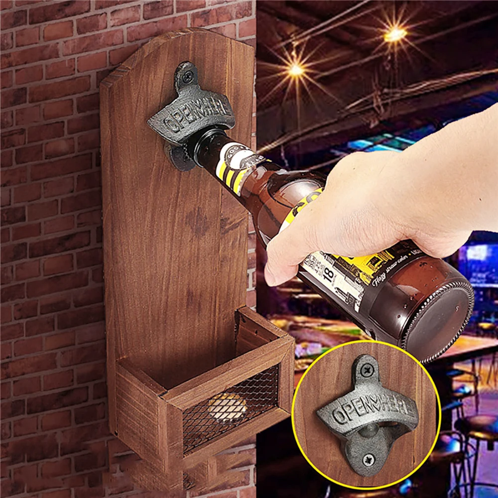 Bottle Opener Wooden Wall Mounted Beer Bottle Opener with Cap Catcher Vintage Style for Kitchen Bar Yard Gift for Beer Lovers