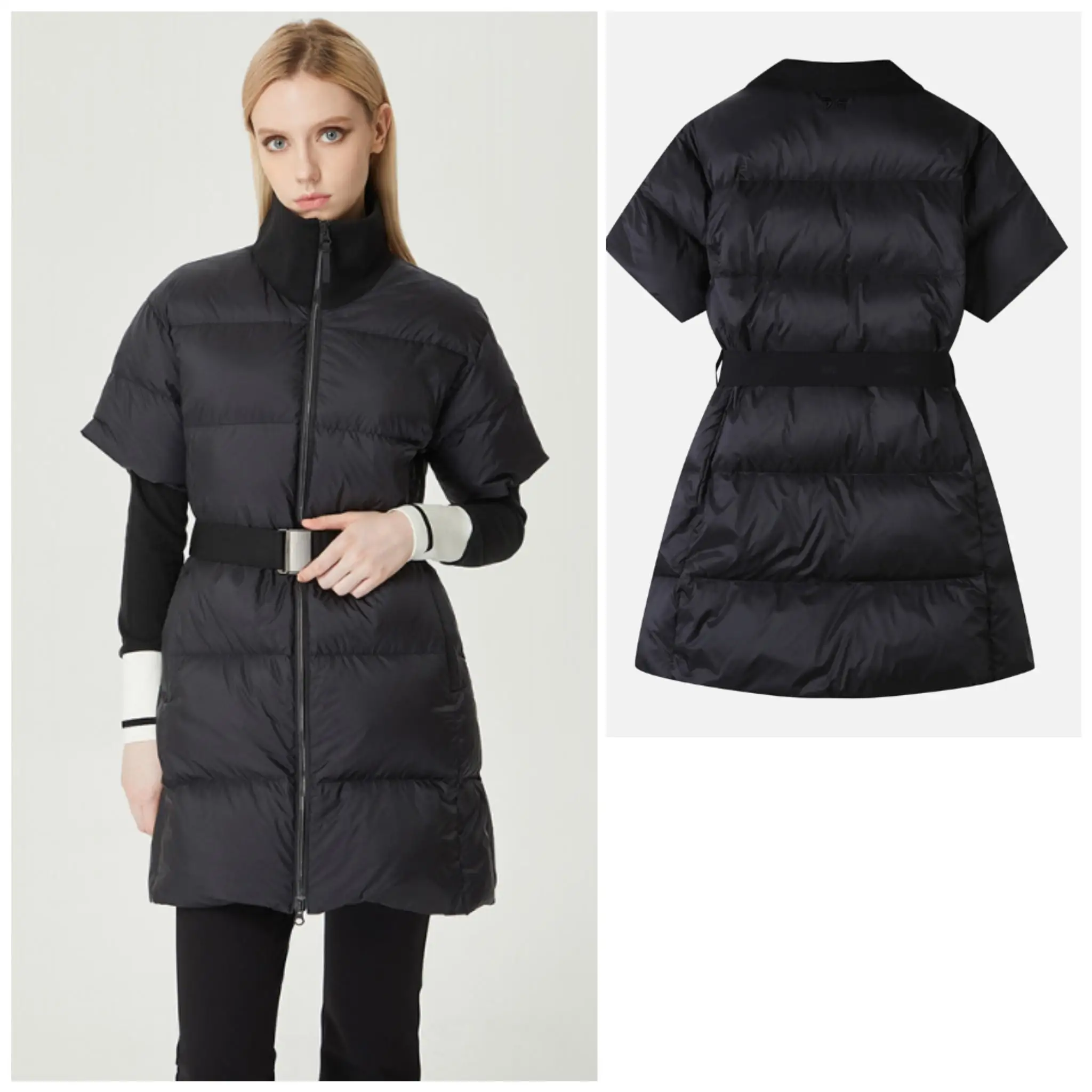 Winter Ladies Golf Long Goose Down Jacket Stand Collar Short Sleeve Waist Cinched Warm Slim Fashion Women Golf Outer Coat