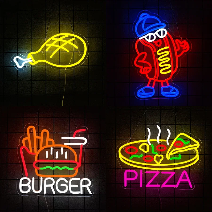 

Уникальный бизнес-ресторан фаст-фуда, декор ресторана и кухни, светящаяся икона вкусной еды, светодиодная неоновая вывеска Fast Food.