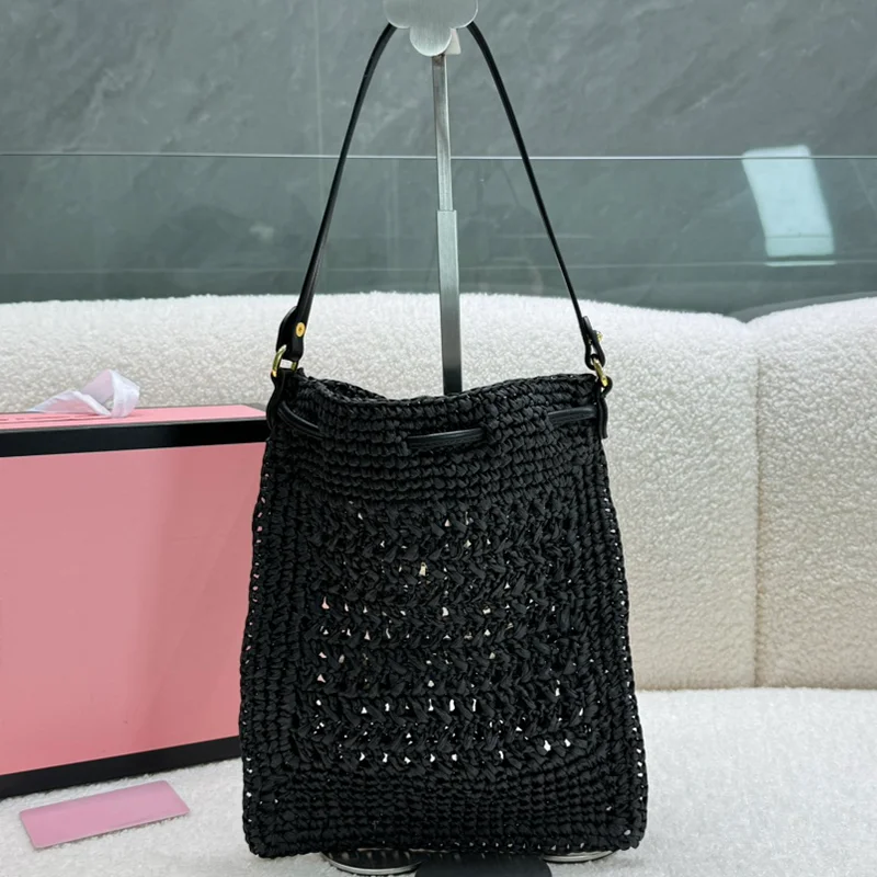 Summer New Fashion Versatile Straw Woven Small Tote Bag Drawstring Hollow Casual Shoulder Underarm Bag Embroidered Square Bag