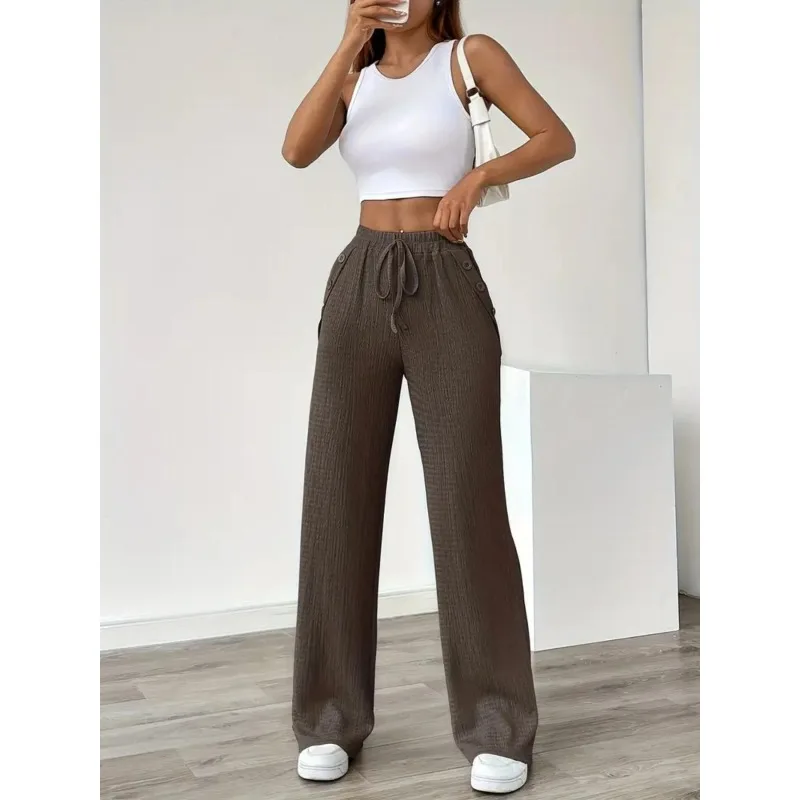 Plus size nieuwe damesmode stropdas elastische taille broek effen casual losse rechte wijde pijpen broek