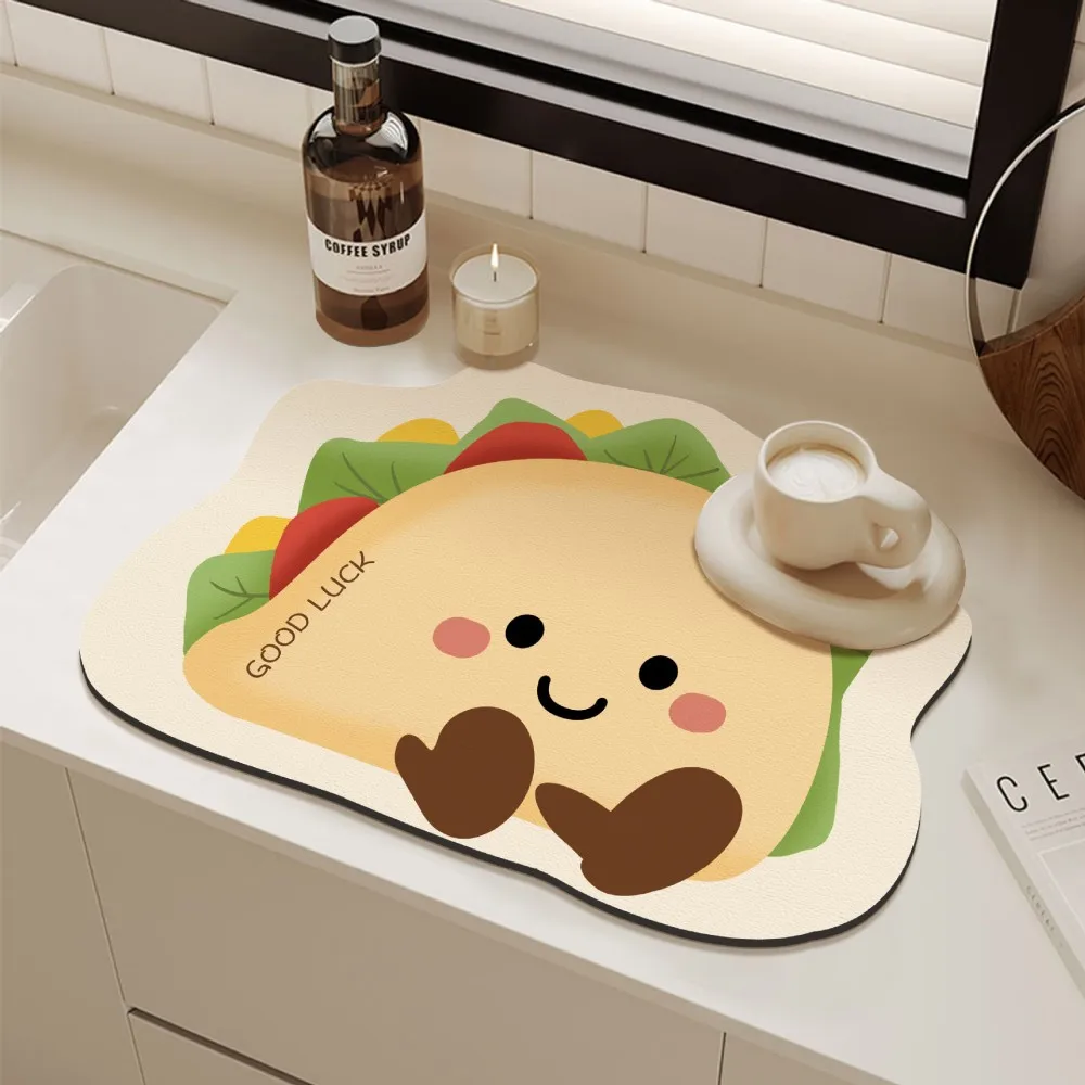 VIKAMA Cartoon Coffee Machine Mat, Diatomite Quick-Dry Non-Slip Kitchen Counter Rug, Durable Floor Decor